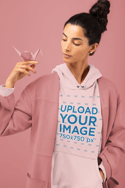 Pink Hoodie Mockup Of A Woman With An Origami Figure