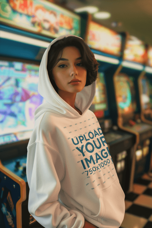 Pullover Hoodie Mockup Featuring An AI Created Woman Posing In An Arcade With A Serious Look