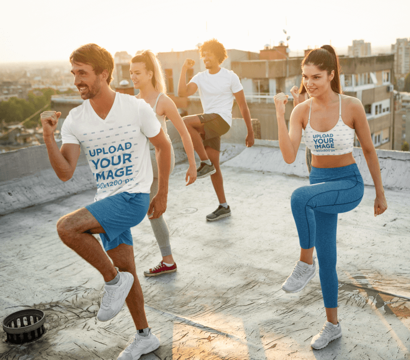 Sports Bra And V Neck T Shirt Mockup Of A Group Of Friends Exercising