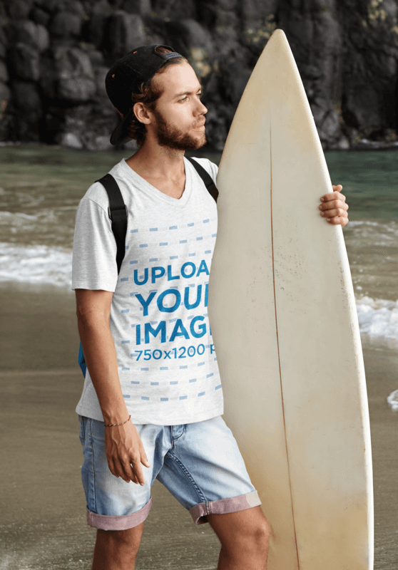 V Neck T Shirt Mockup Featuring A Bearded Man With A Surfboard