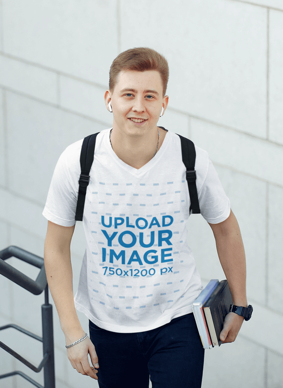 V Neck T Shirt Mockup Featuring A Young Student At A Campus