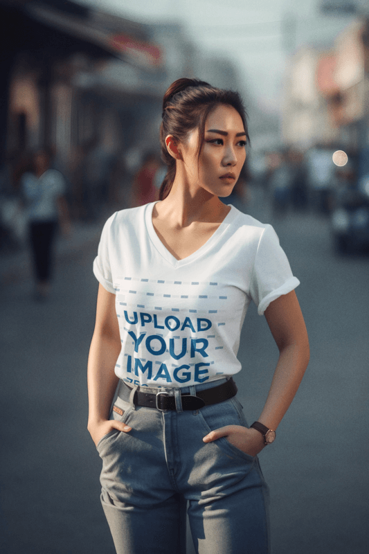 V Neck T Shirt Mockup Featuring An AI Generated Woman Inspired By A Gaming Character