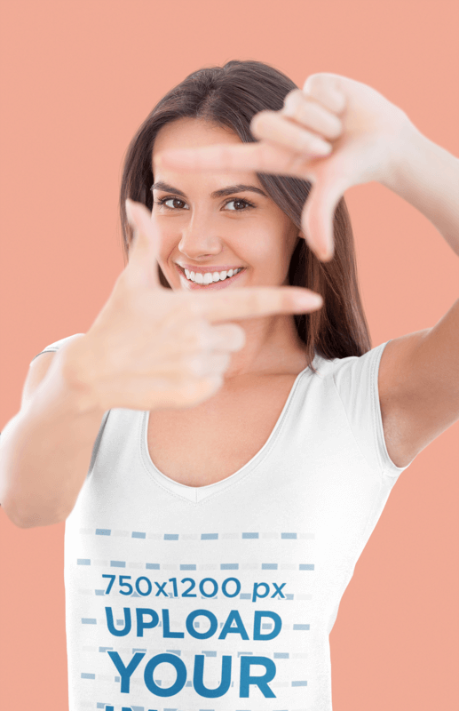 V Neck T Shirt Mockup Of A Happy Woman Looking At The Camera