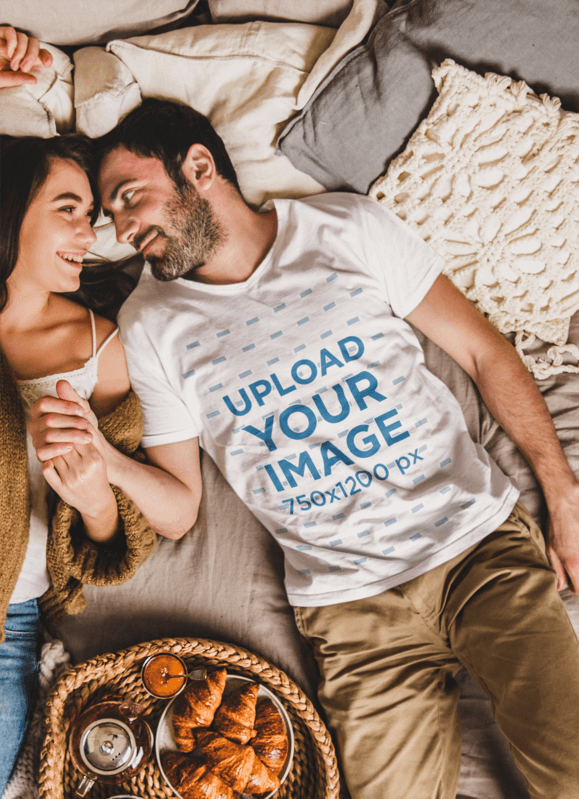 V Neck T Shirt Mockup Of A Man Lying Down With His Girlfriend