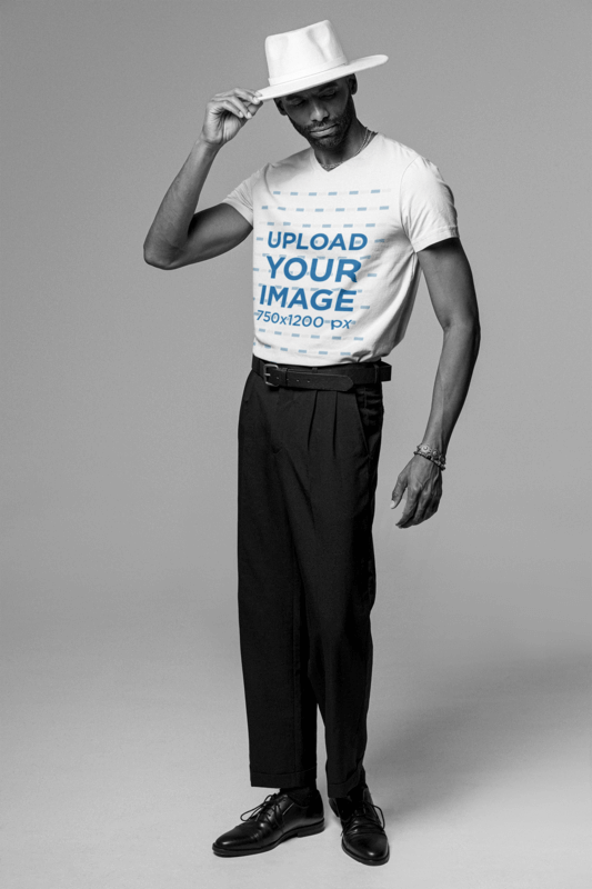 V Neck T Shirt Mockup Of A Tall Fashionable Man At A Studio