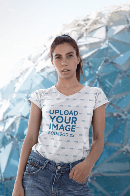 V Neck T Shirt Mockup Of A Thin Girl With Freckles In Front Of A Geodesic Dome