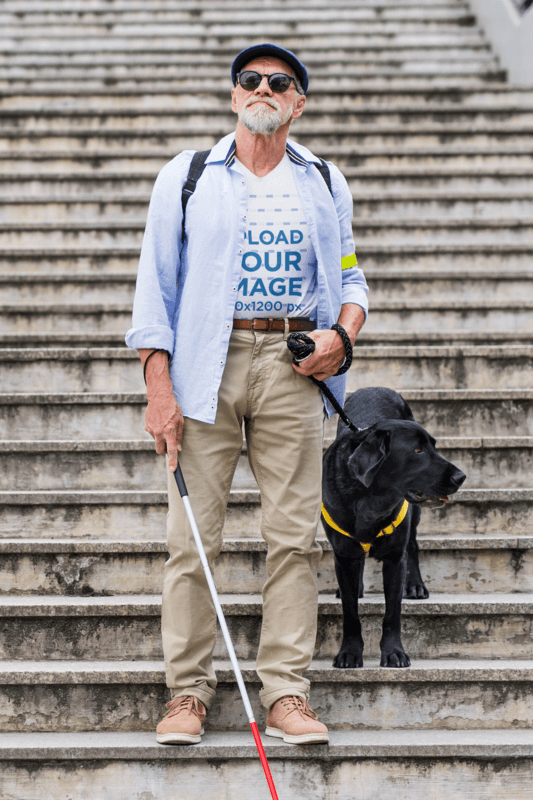 V Neck Tee Mockup Of A Blind Man Walking With A Stick And His Dog