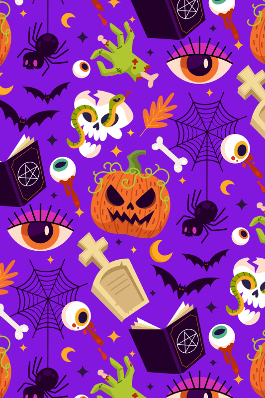 A Bright Purple Halloween Pattern With Spooky Graphics