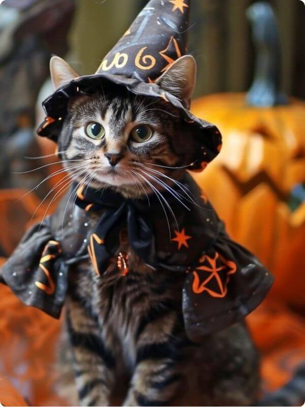 A Cute Little Cat Dressed As A Witch In Black With A Large Pumpkin In The Background