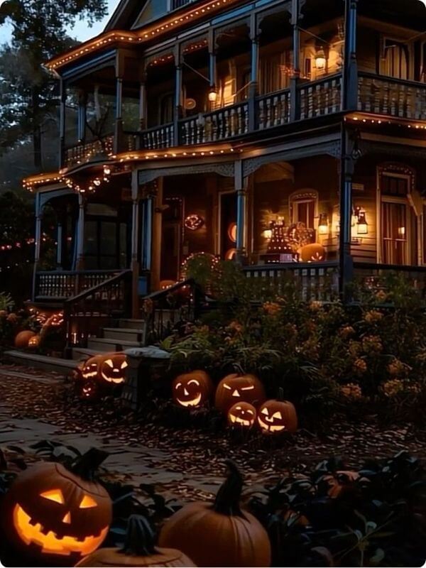 A Haunted Halloween House In Dark Tones With Pumpkins Outside