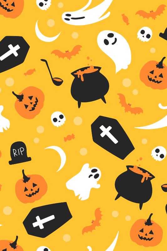 A Pretty And Light Orange Background With Some Cute Halloween Graphics In Form Of Pattern