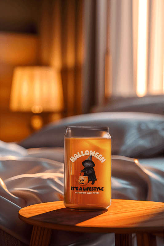 AI Created Mockup Featuring A Beer Can Glass Filled With Tea And Placed On A Bedside Table