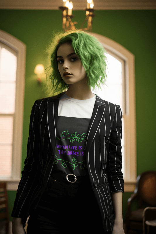 Beetlejuice Inspired Mockup Featuring An AI Generated Woman With A T Shirt