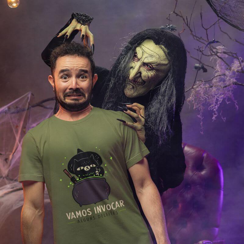 Bella Canvas T Shirt Mockup Featuring A Frightened Man And An Evil Witch