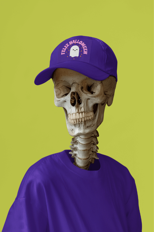 Dad Hat Mockup Of An AI Generated Spooky Skeleton In A Halloween Background