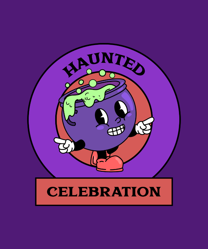 Halloween T Shirt Design Maker Featuring A Cute Haunted Cauldron In A Rubber Hose Style Illustration