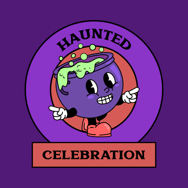 Halloween T Shirt Design Maker Featuring A Cute Haunted Cauldron In A Rubber Hose Style Illustration