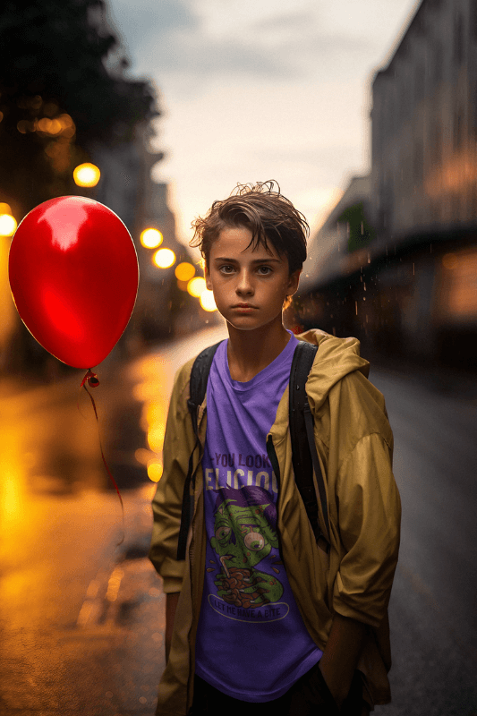 It Inspired Mockup Featuring An AI Generated Boy Wearing A T Shirt And Holding A Red Balloon