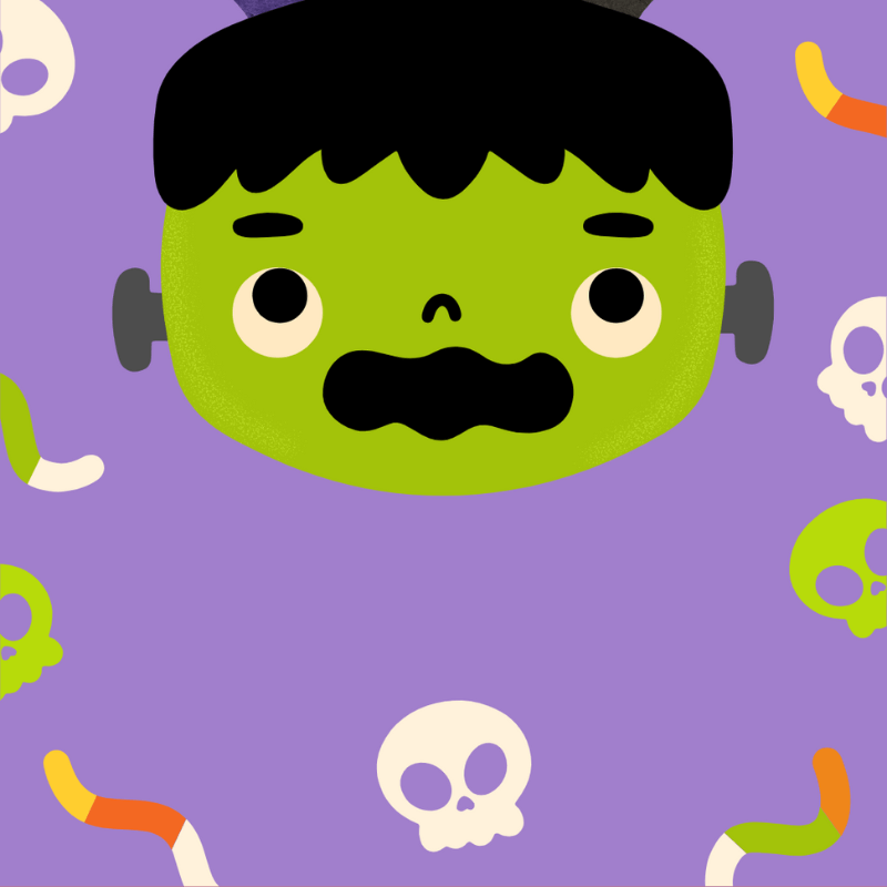 Illustrated Halloween Design In Purple Tones Featuring An Adorable Frankenstein