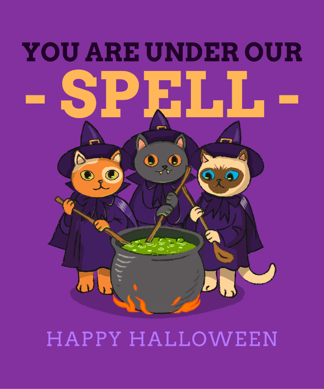 Illustrated T Shirt Design Creator Featuring Cats In Witch Costumes