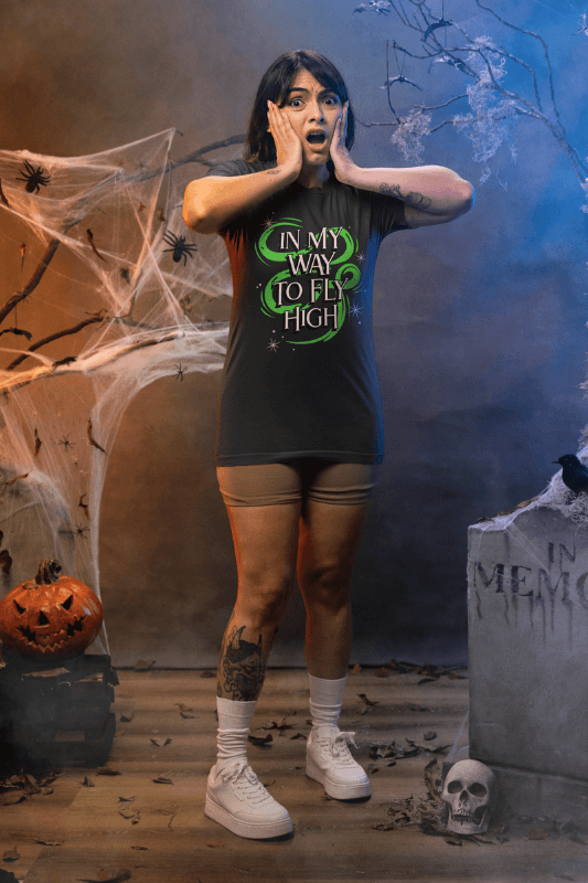 Mockup Featuring A Frightened Woman Wearing A Bella Canvas Tee In A Haunted House