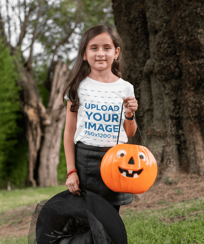 Mockup Of A Girl Wearing A T Shirt And A Witch Costume In The Woods