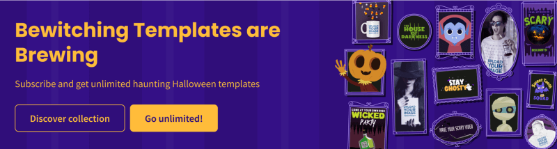 Placeit's Halloween 2023 Home Banner Featuring Purple And Orange Tones And Cute Characters