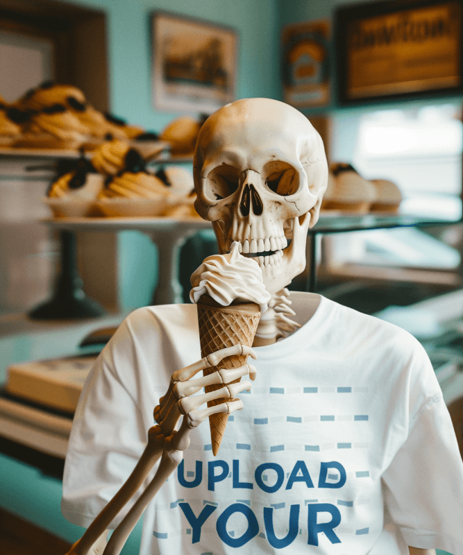 T Shirt Mockup Of An Ai Generated Spooky Skeleton Eating Ice Cream