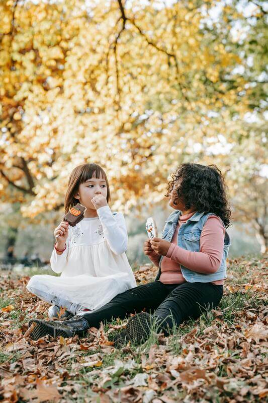 Two Kids Sitting Eating Ice Cream On A Beautiful Fall Scenery By Pexels