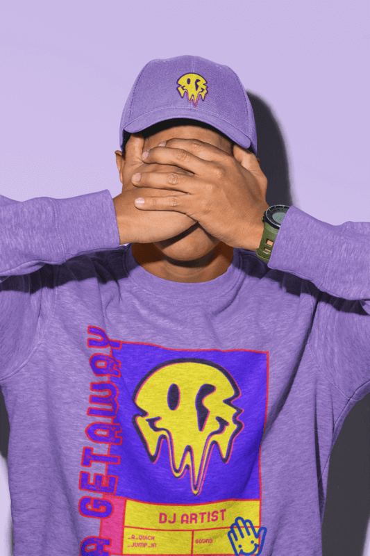 Mockup Of A Man Covering His Face Wearing A Dad Hat And A Crewneck Sweatshirt