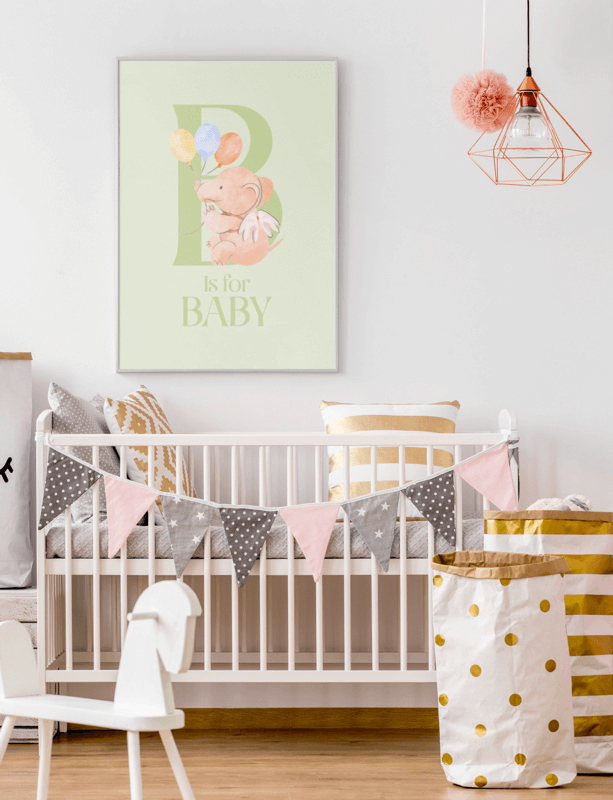 Mockup Of A Vertical Art Print With An Elephant Design Hanging Over A Baby Crib