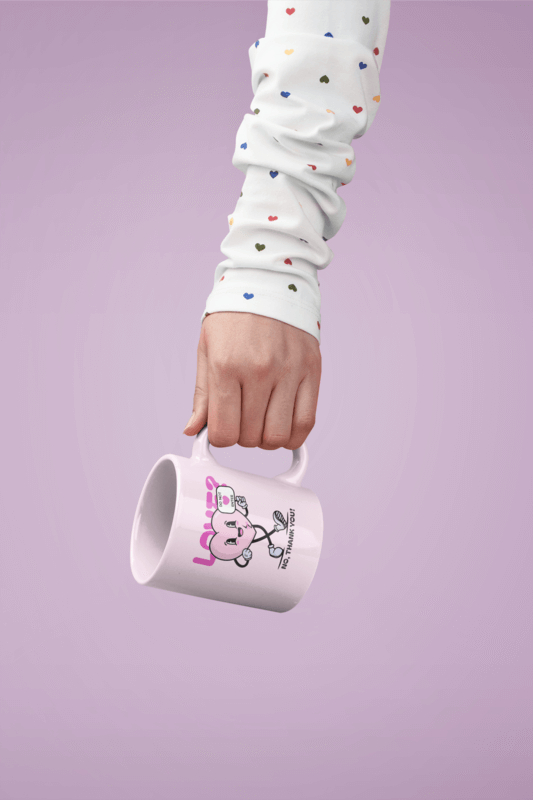 Mug Mockup Held By Someone Wearing A Long Sleeve Heart Patterned