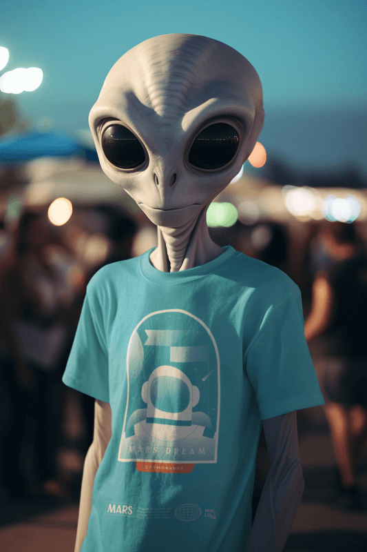 Round Neck Tee Mockup Featuring An AI Generated Alien With A Space T Shirt Design