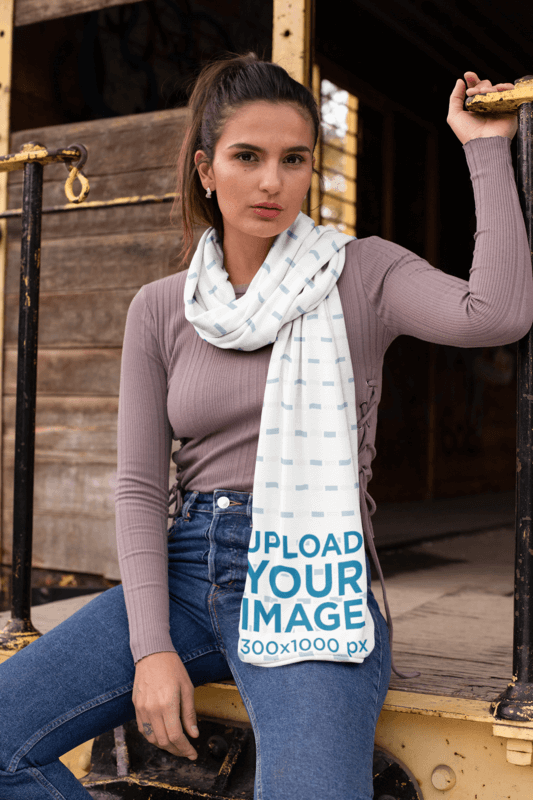 Scarf Mockup Featuring A Girl Sitting On The Edge Of An Abandoned Wagon