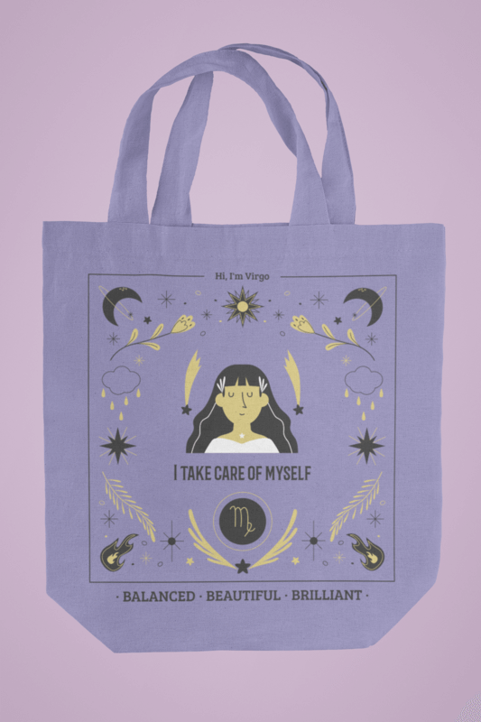 Simple Mockup Of A Tote Bag With A Zodiac Themed Design And A Purple Background