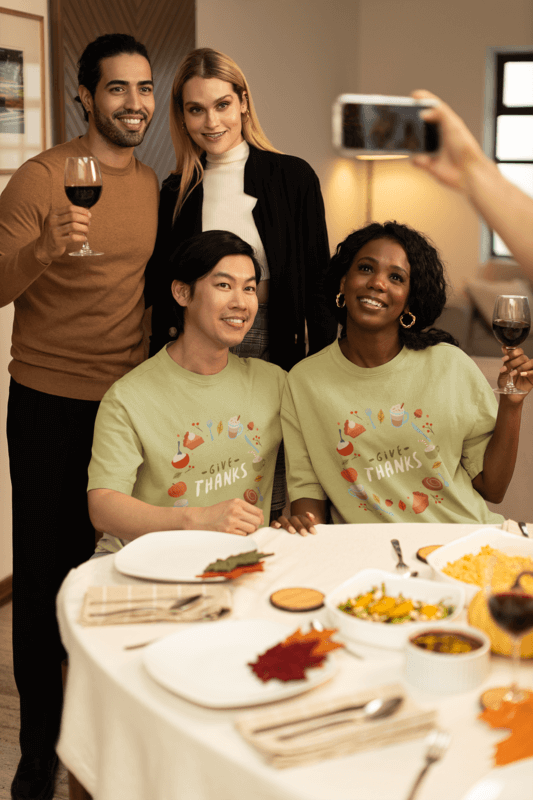 Stanley Stella Thanksgiving T Shirt Mockup Of A Smiling Man And Woman Celebrating Thanksgiving With Friends