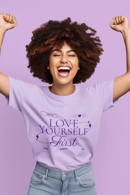 T Shirt Mockup Of An AI Generated Woman With Afro Hair Cheering