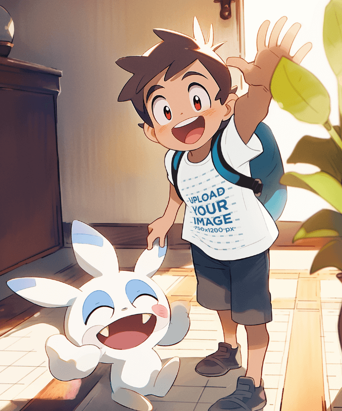 Anime Inspired T Shirt Mockup Of A Happy Kid And His Fantasy Pet Waving At The Camera