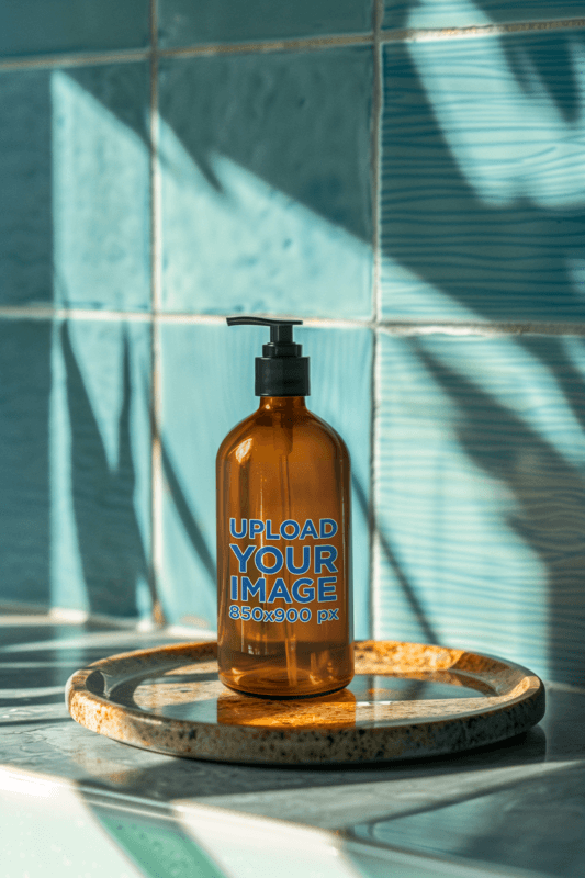 Beauty Mockup Of An Amber Ai Generated Shampoo Bottle Placed On A Mosaic Surface