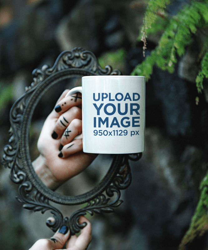 Dark Forest Themed Mockup Of A Woman With Black Nails Holding A Coffee Mug