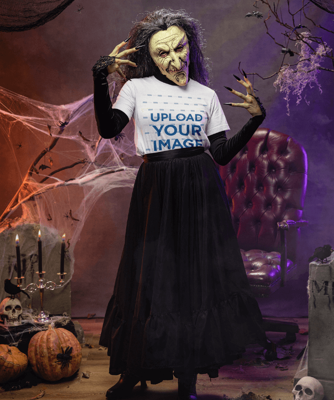 Halloween Inspired Mockup Featuring An Evil Witch Wearing A Bella Canvas T Shirt