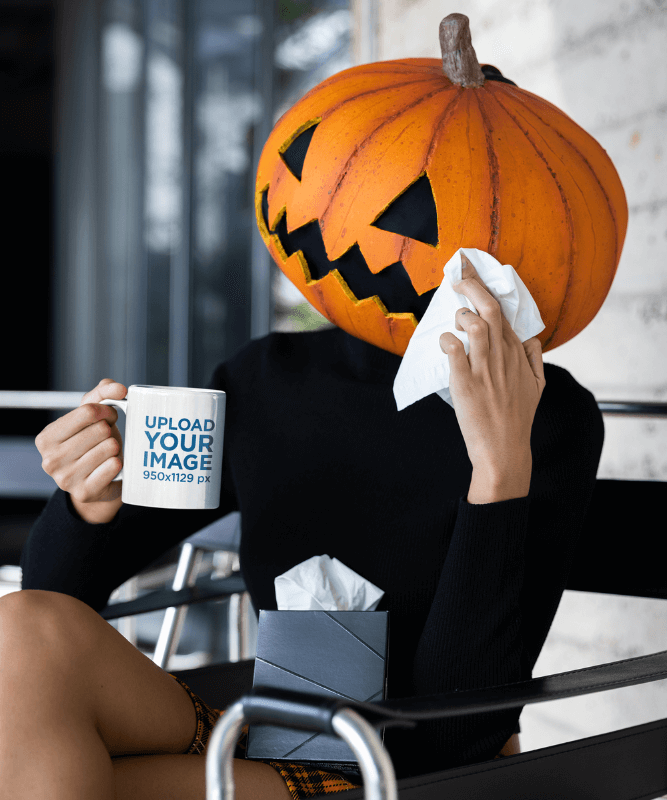 Halloween Themed Mockup Featuring A Woman With A Pumpkin Head Holding A Coffee Mug