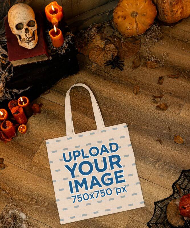 Halloween Themed Mockup Of A Tote Bag Flat Laid On A Haunted House's Floor