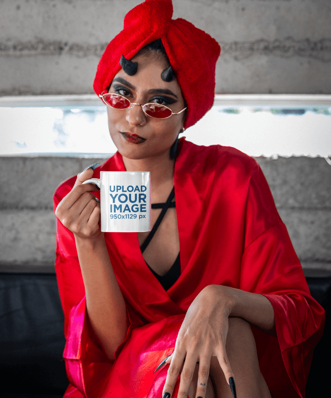 Halloween Themed Mockup Of A Woman With Devil Horns Holding A Coffee Mug