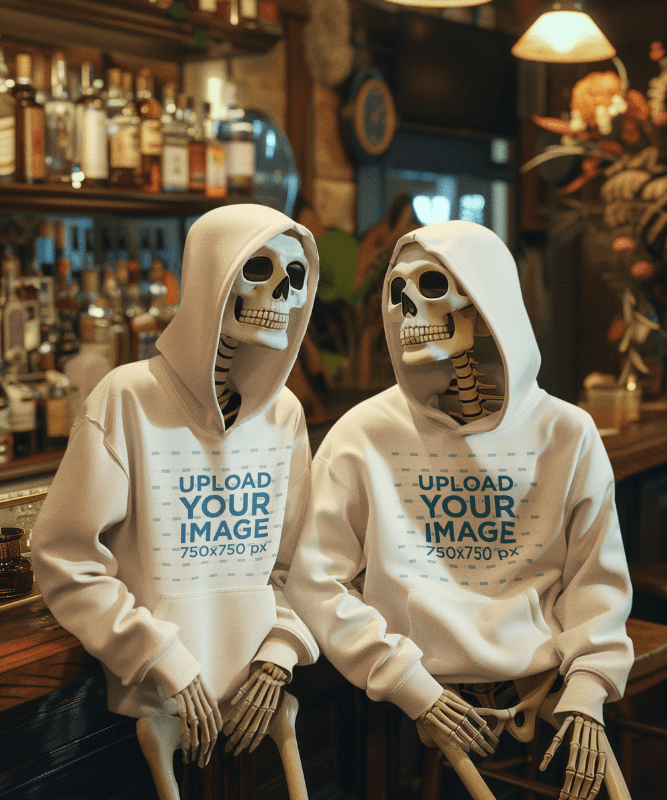 Hoodie Mockup Featuring Two Ai Created Skeletons Sitting On A Bar