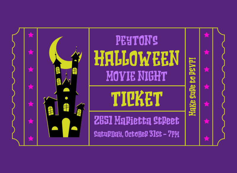 Invitation Design Template With An Illustrated Ticket For A Halloween Movie Night