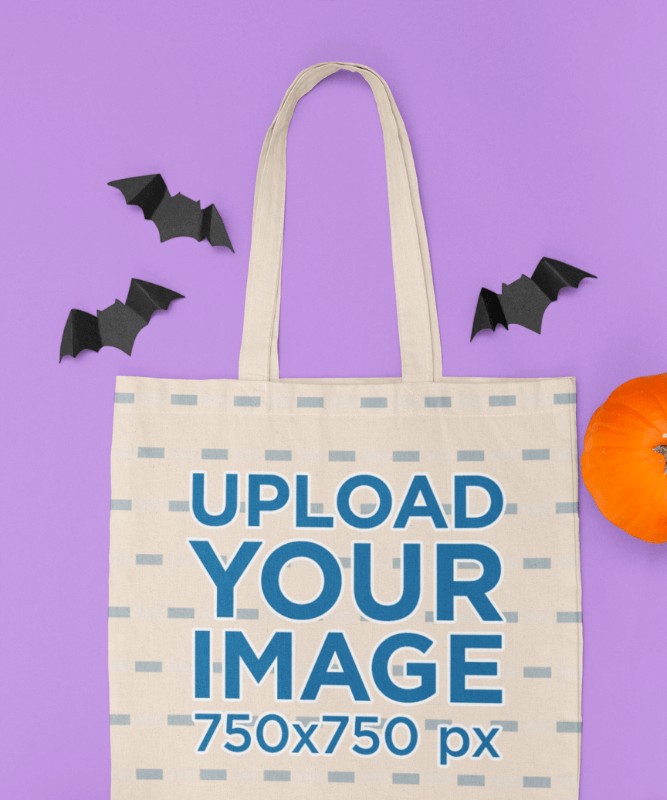 Mockup Of A Flat Laid Tote Bag On A Halloween Decorated Setting