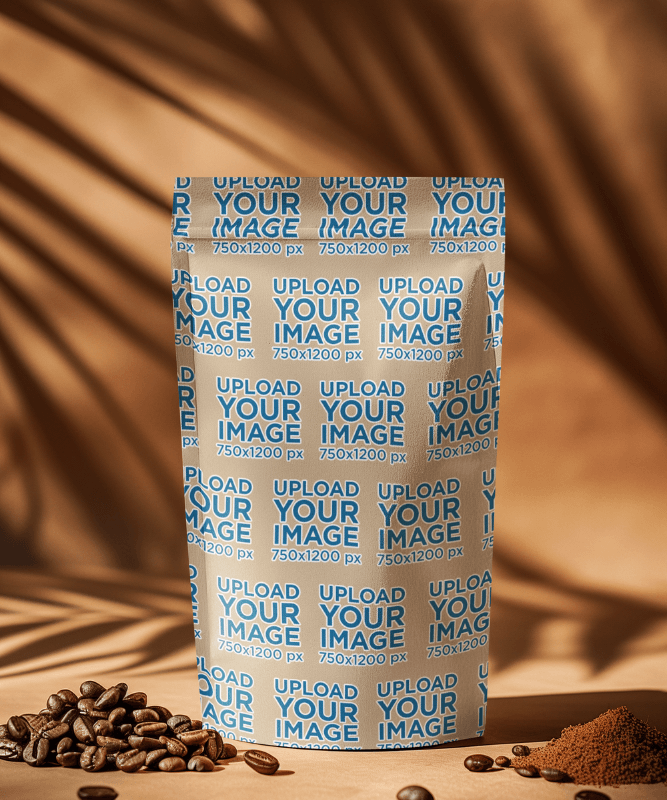 Packaging Mockup Featuring An Ai Created Coffee Bag Surrounded By Coffee Seeds