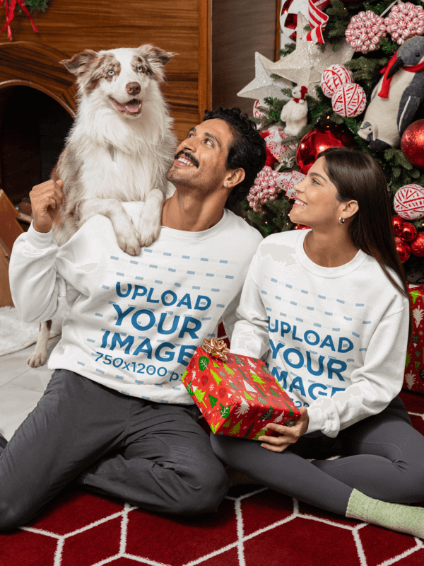 Sweatshirt Mockup Of A Happy Couple Posing In A Xmas Decorated Room With Their Dog