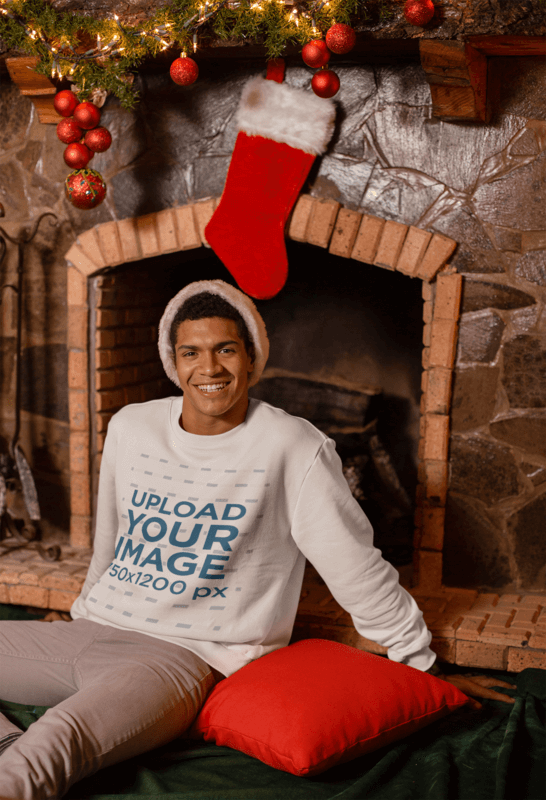 Sweatshirt Mockup With Man Sitting Under Christmas Stocking